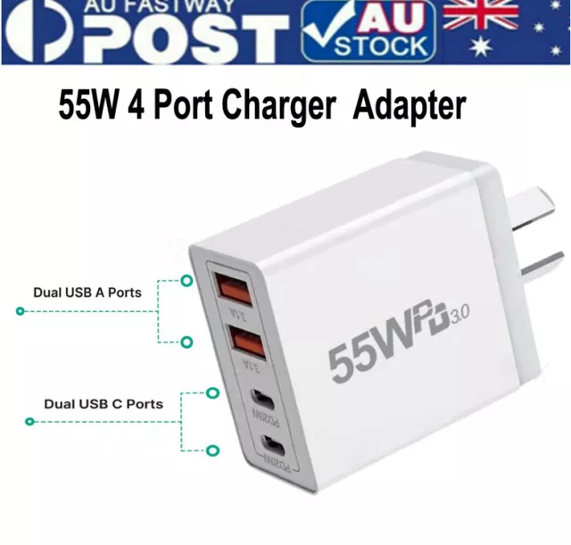 4 Port USB-C PD Fast Charging Wall USB C Charger Power Adapter 55W Type-C Brick