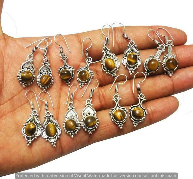 Tiger Eye 10 Pair Wholesale Lot 925 Sterling Silver Earring NLE-654