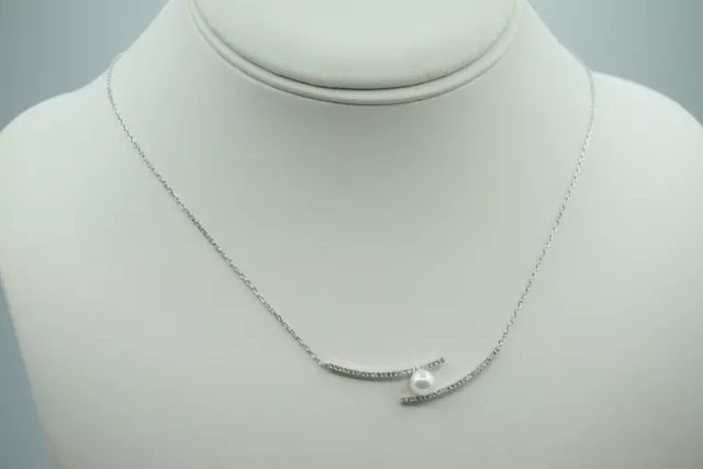 Rhodium Plated Sterling Silver & CZ 16” Necklace Line Bar  & Pearl Pendant-K