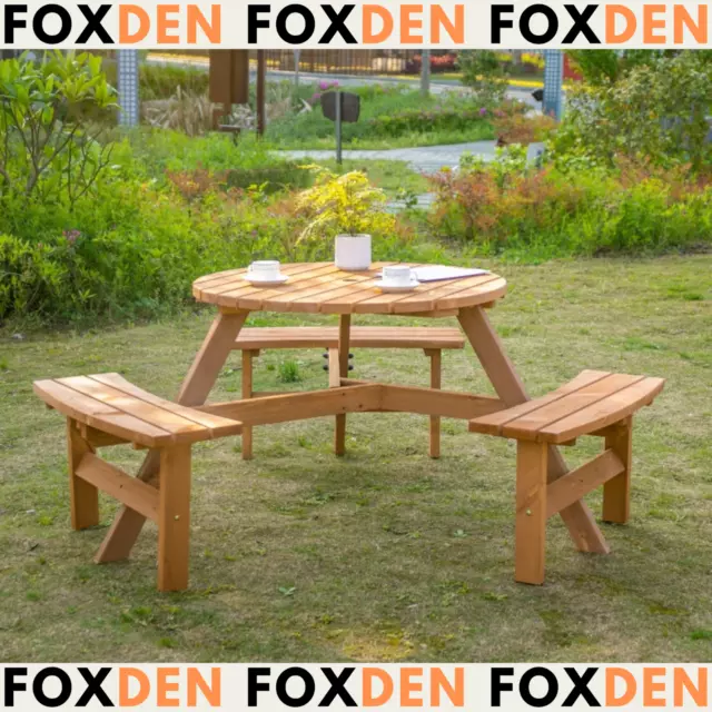 Round Wooden Pub Picnic Table Bench Set Outdoor Beer Garden Furniture 6 Seater