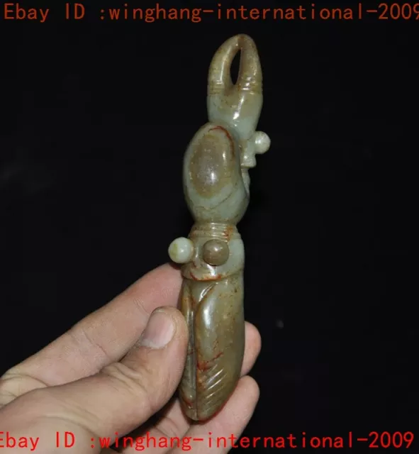 5.6"Chinese Hongshan Culture Hetian jade Hand-carved cicada Dragon hook statue 2