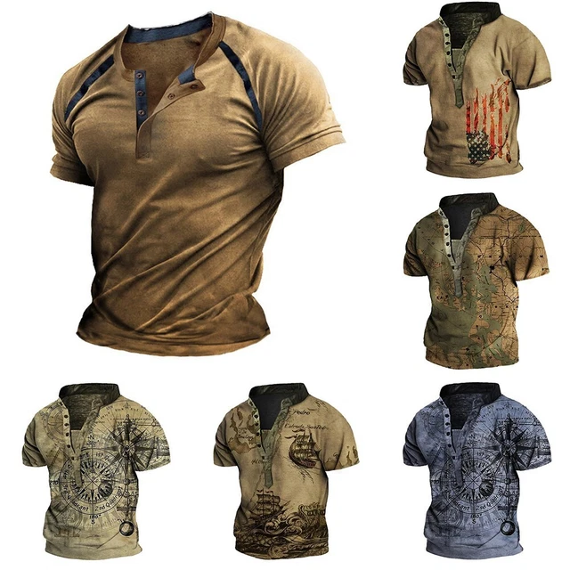 Uomo Henley Muscolo T-Shirt Bottoni Top Scollo V Manica Corta Camicetta T