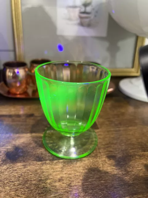 Vintage Green Uranium Depression Glass Dessert Ice Cream Cup Ribbed Hazel Atlas