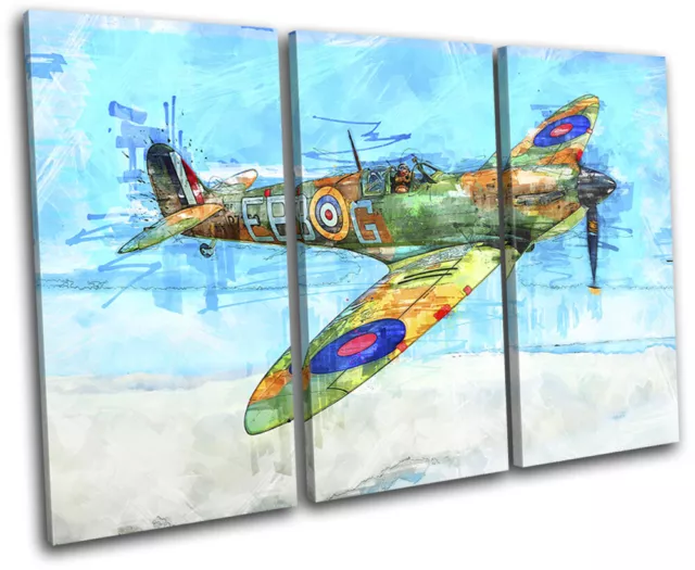 RAF Spitfire War Retro Transportation TREBLE CANVAS WALL ART Picture Print