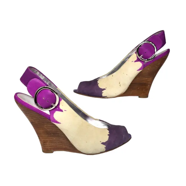 Jessica Simpson Shoes Womens 8 Cream Purple Brown Wedge Heels Peep Toe Slingback