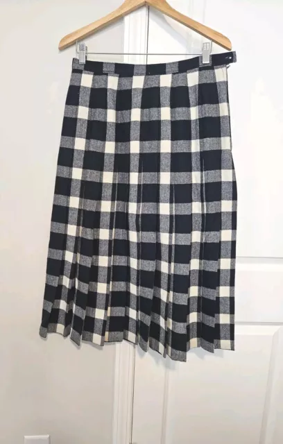 Pendleton Navy White Buffalo Plaid Pleated Lined Wool Skirt Sz 14