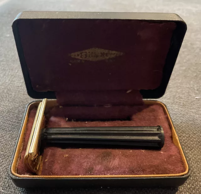 Vintage Gillette W-4 TECH DE Gold Tone Safety Razor w Bakelite Handle w/ Case