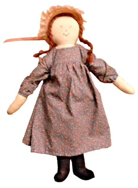 Vintage Rag Doll Soft Cloth Bodied Pig Tails Red/Brown Hair Doll Dress Straw Hat