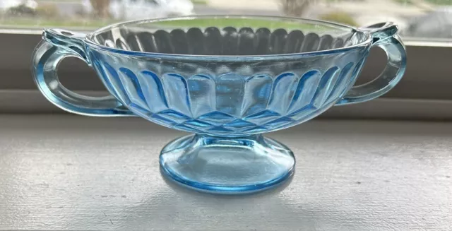 Vintage US Glass Aunt Polly Aqua Blue 2-Handled Footed Candy Trinket Dish