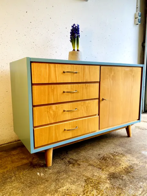 60er Jahre Vintage Sideboard Kommode Retro Schrank Hellblau Mid-Century Anrichte