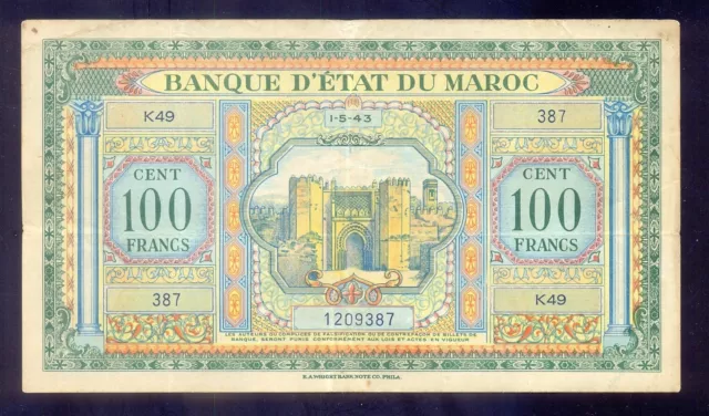 Morocco 100 Francs 1943  Pick 27  Circulated