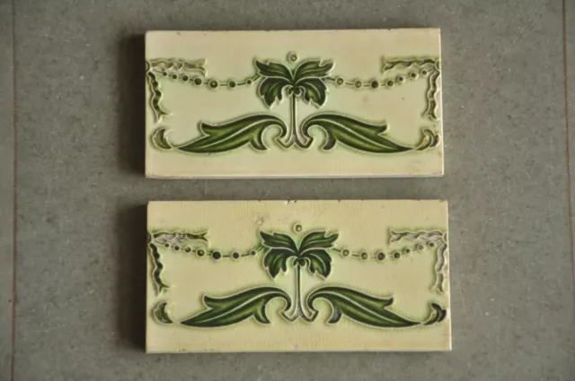 2 Pc Vintage Majolica Tree & Leaf Designs Art Nouveau Architecture Tiles,England