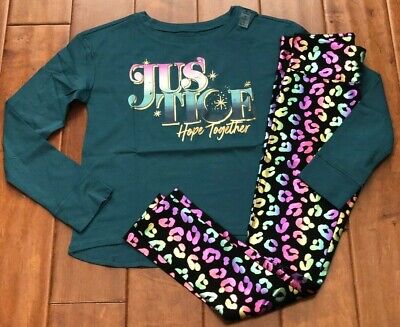 Nwt Justice Girls 8 10 Outfit~Teal Logo Long Sleeve Tee / Foil Pattern Leggings