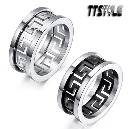 TTstyle 10mm Width Greek Key Stainless Steel Band Ring Silver/Black NEW