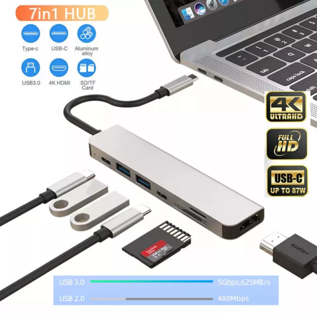 7-in-1 USB-C Type-C Hub USB 3.0 4K HDMI SD/TF Adapter Cable For Mac iPad Laptop