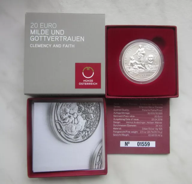 3 Stück 20 Euro Silber Österreich PP 2018 Stille Nacht, Maria Theresia