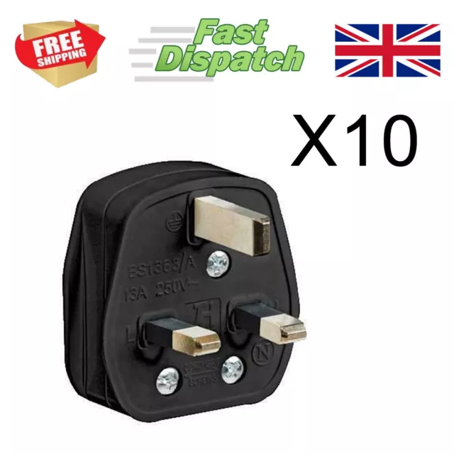 13a amp 3 three pin UK mains plugs black FUSED X 10 (box of ten)