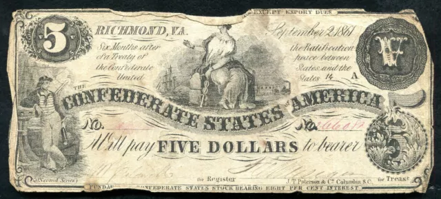 T-36 1861 $5 Five Dollars Csa Confederate States Of America Currency Note