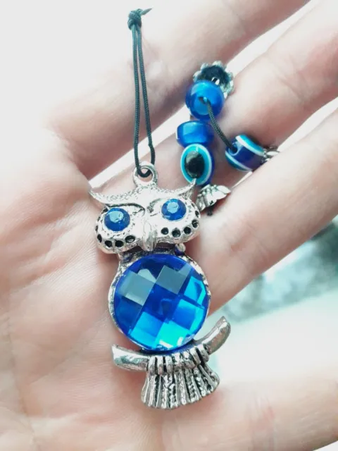 Lucky charm owl pendant with big blue rhinestone / Evil eyes hanging