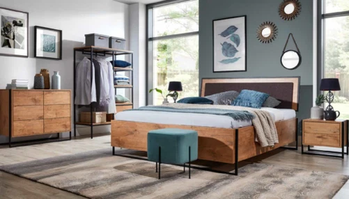 5 Parties Set Complet Bois Chambre à Coucher Loft Style Lit Design Commode Neuf