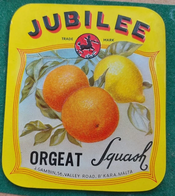 Rare Malta Bottle Label Jubilee Orgeat Squash J. Gambin