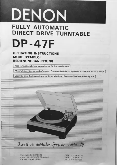 DENON DP - 47F FULLY AUTOMATIC DIRECT DRIVE TURNTABLE     27 Seiten