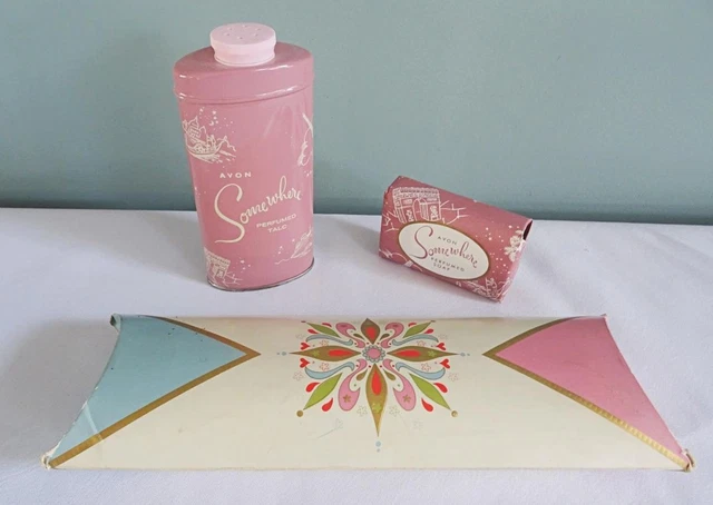 Vintage Avon Somewhere Gift Set 1950s Perfumed Talc Talcum Powder Soap Bar 50s
