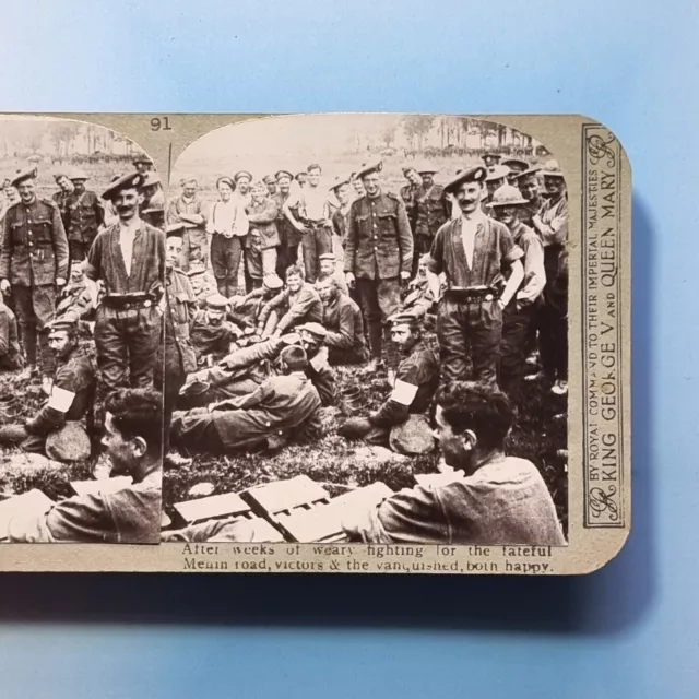 WW1 Stereoview 3D C1916 Real Photo UK Men & German Prisoners Meet Ypres Belgium