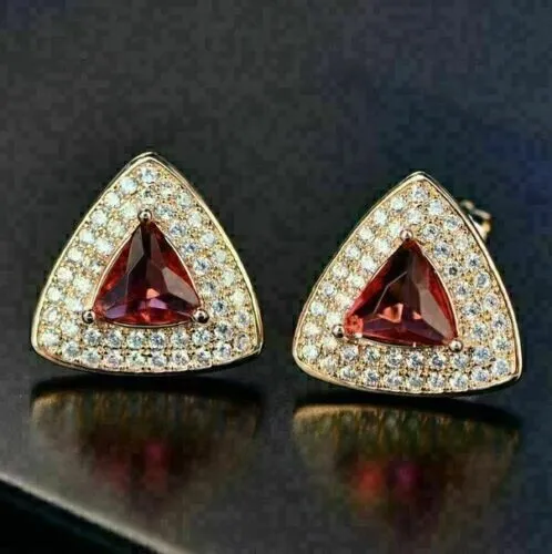 3Ct Trillion Cut Lab-Created Red Ruby Women Stud Earring 14K Yellow Gold Finish