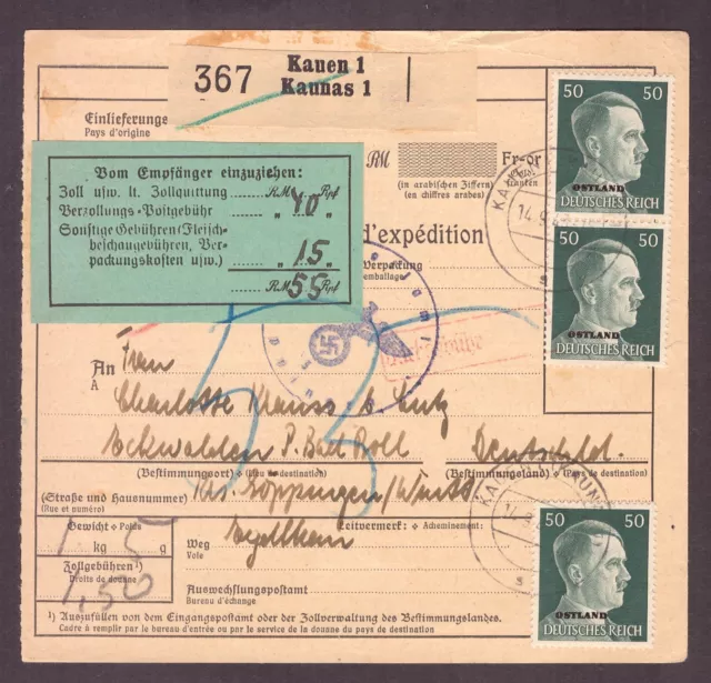 Ostland Litauen Paketkarte Kaunas nach Göppingen mit Zollzettel + Nachgebühr!!3