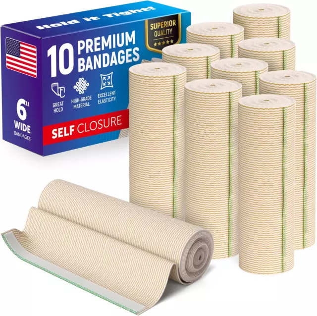 6” Premium Elastic Bandage Wrap - 10 Pack - Hook & Loop Closures - Wide Compress