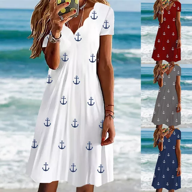 Women Anchor Short Sleeve V Neck Dresses Ladies Boho Summer Mini Dress Plus Size