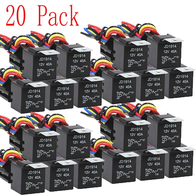 20Pack 12V 30/40 Amp 4-Pin SPDT Automotive Relay with Wires & Harness Socket Set