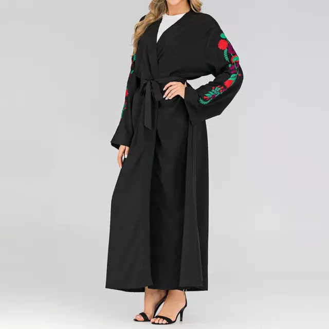 Donna Ricamo Lungo Kimono Cardigan Aperto Abaya Muslim Dubai Kaftan Vestaglia