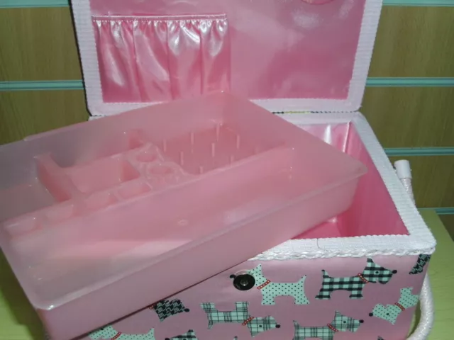 BNWT Large Pink Scotties Design Fabric Covered Sewing Box by Hobby Gift