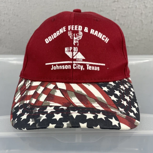 Odiorne Feed &Ranch Hat Cap Red Patriotic Johnson City Texas Ranch Deer July 4 Odiorne Feed &Ranch Hat Cap Red Patriotic Johnson City Texas Ranch Deer July 4