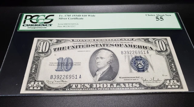 1934-D $10 Fr. 1705 Wide Silver Certificate PCGS 55 About New- Serial#B39226951A