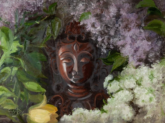 Pittura a olio originale, natura morta con fiori e maschera di Tara, arte...