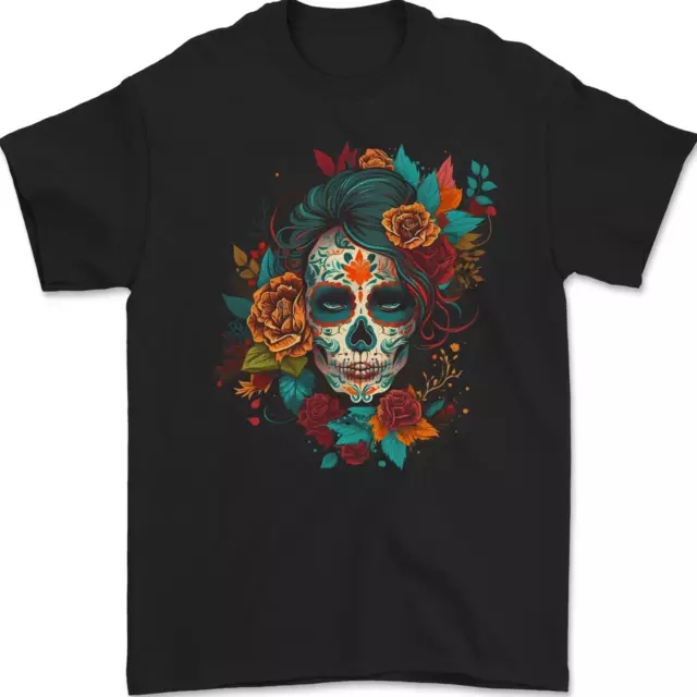 Un Teschio di Zucchero con Fiori Giorno Dei Morti Uomo T-Shirt 100% Cotone