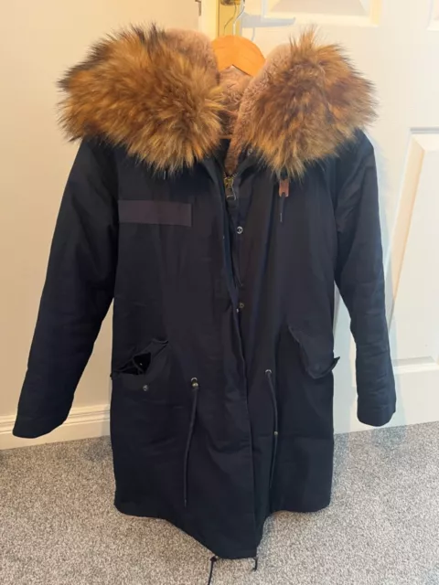 Jane & Tash Navy Faux Parka Coat, Size Small