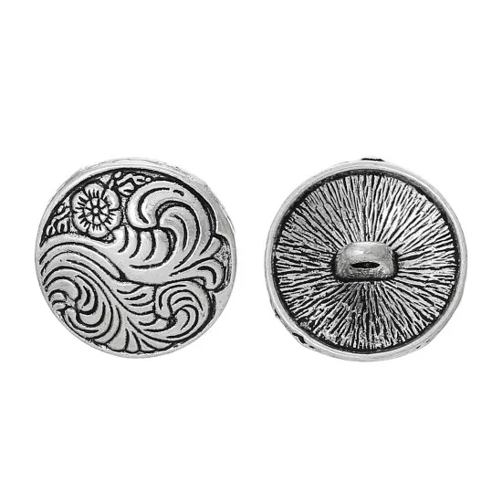 17mm Round Shank Buttons Carved Flower Pattern Antique Silver Metal Cardigan