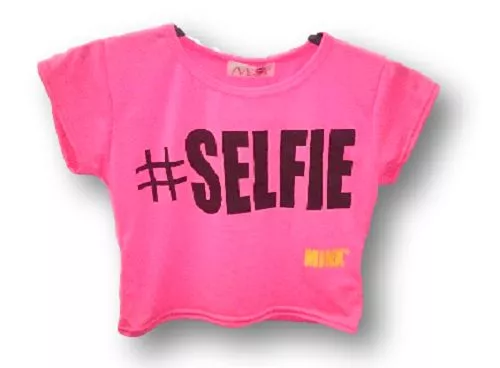 Girls Kids # Selfie Cropped Top Crop Pink & Black Graffiti Age 7 8 9 10 11 12 13