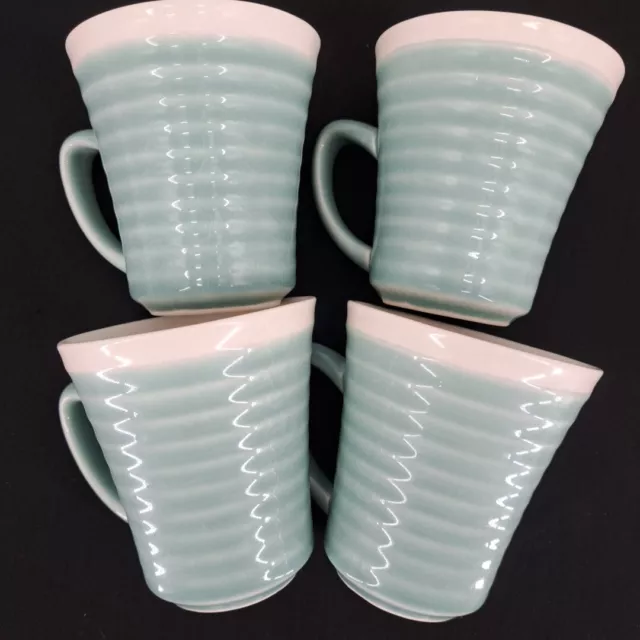 Sango Rico Aqua & White #4671 Set of 4 Stoneware Coffee Teacups Mugs Retired