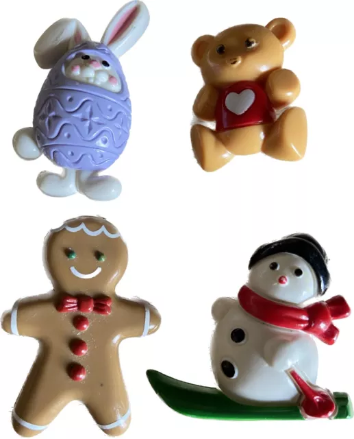 Avon Vintage Lot of 4 Pins Easter Bunny Snowman Teddy Gingerbread Brooch Holiday