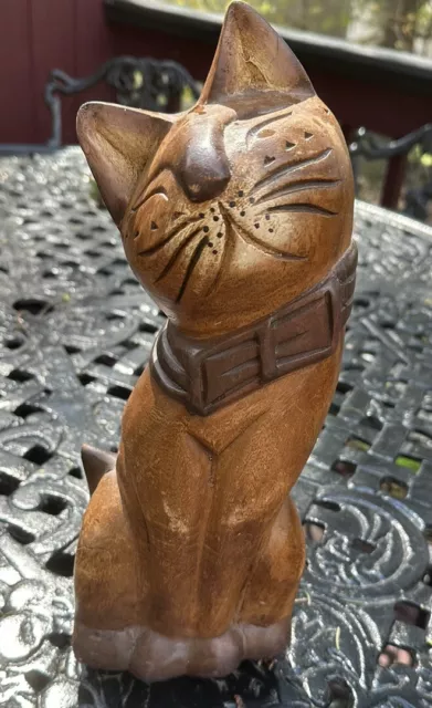 Vintage Carved Wood Cat  Statue Folk Art Hand Painted  Bow Tie