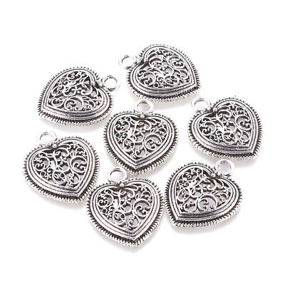 20pcs Tibetan Silver Filigree Heart Alloy Pendants Nickel Free Charms 30x24.5mm