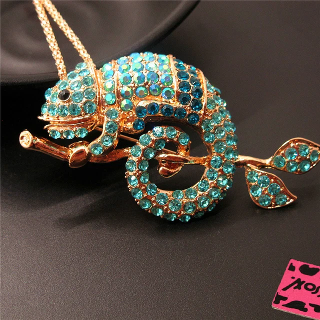 Betsey Johnson Blue Rhinestone Bling Branch Gecko Crystal Pendant Chain Necklace