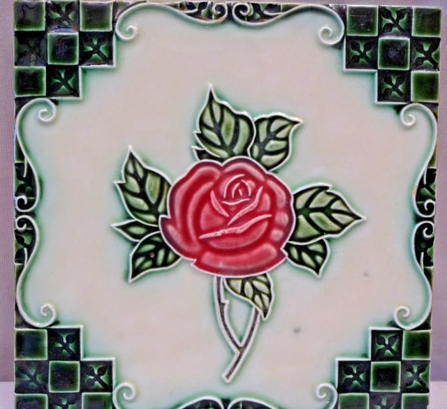 Vintage Porcelain Tile Rose Geometric Design Dk Japan Art Nouveau Majolica # 216 2