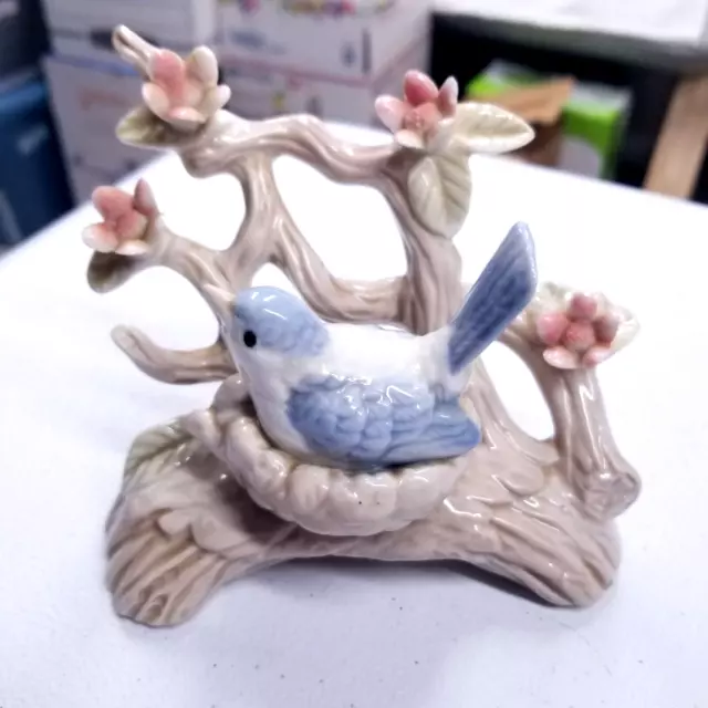 Vintage Porcelain Blue Jay On a Nest Figurine Bird Tree Branch Pink Flowers