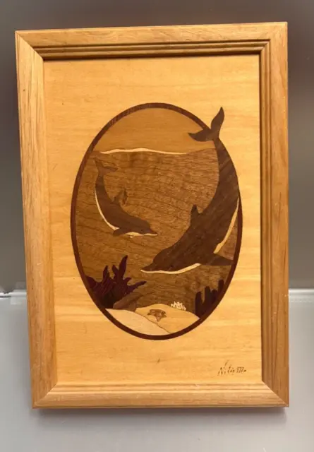 Hudson River Inlay  Marquetry Dolphins Playground Wood 10 x 7 Signed Jeff Nelson